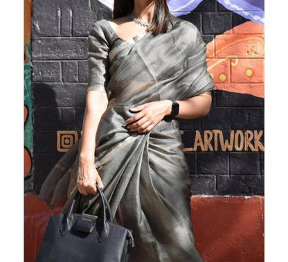 GREY PLAIN DIGITAL PRINT KOTA DORIA SAREE