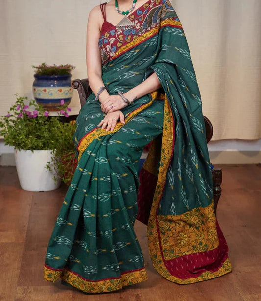 RAMA GREEN PRINTED LILEN SAREE