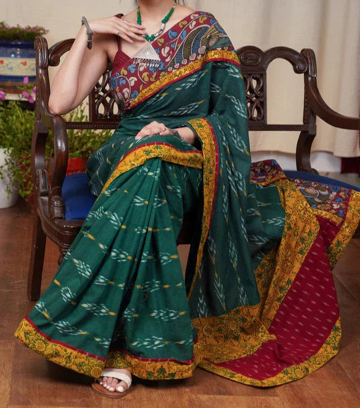 RAMA GREEN PRINTED LILEN SAREE