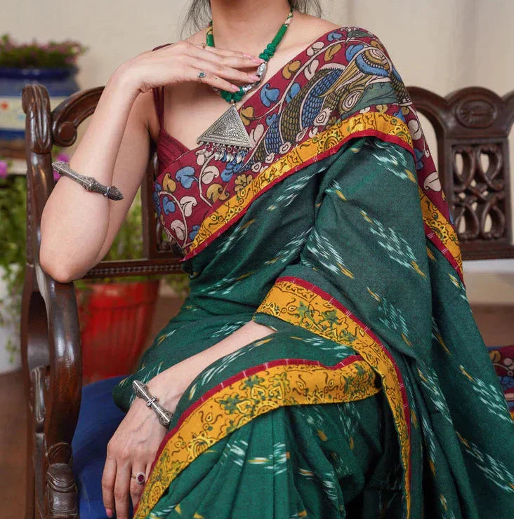 RAMA GREEN PRINTED LILEN SAREE