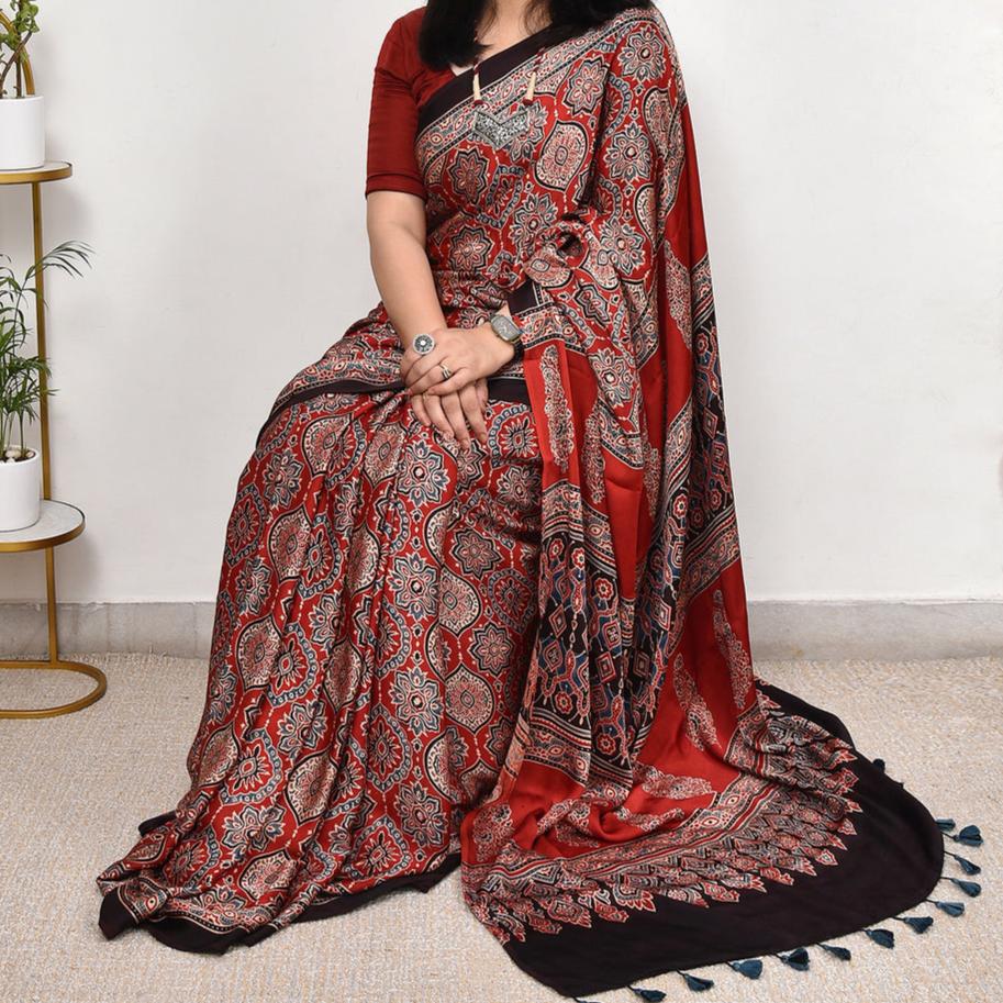 RED COLOR AJRAK PRINTED MUSLIN COTTON SAREE