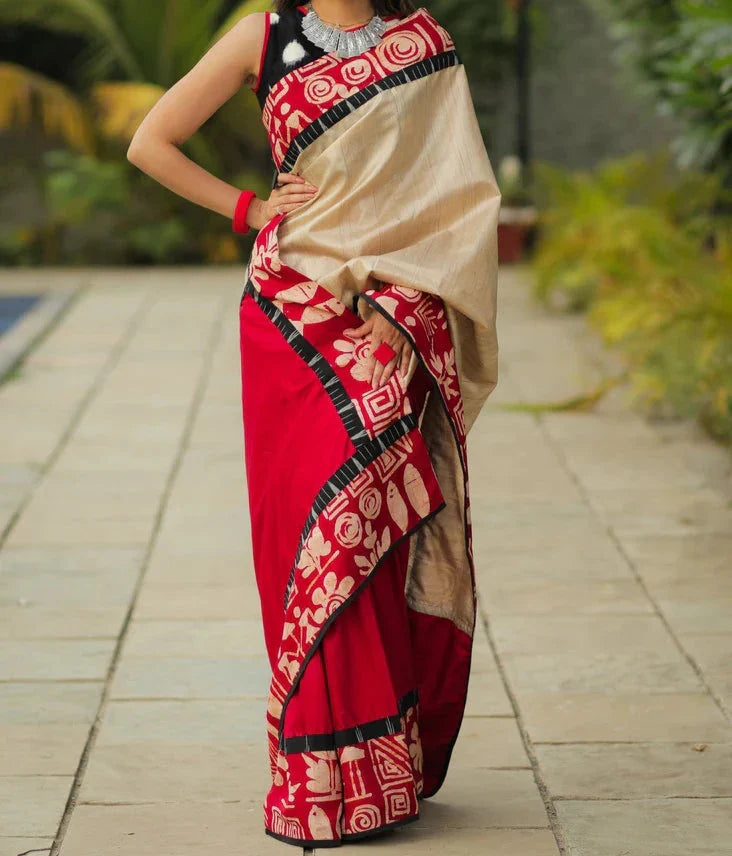 DASHING CREAM AND RED PRINTED MUSLIN COTTON SAREE