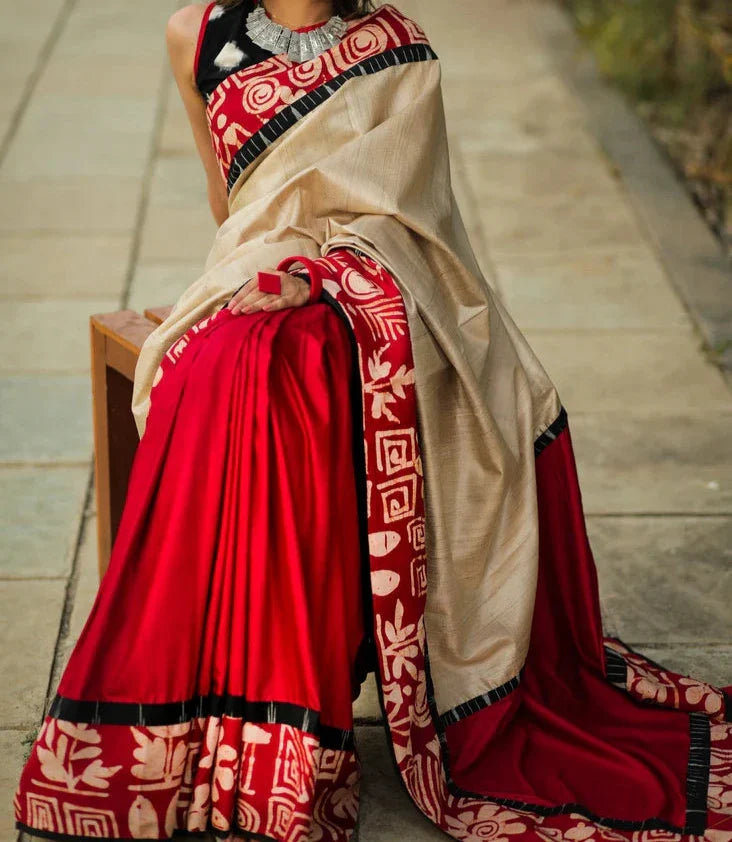 DASHING CREAM AND RED PRINTED MUSLIN COTTON SAREE