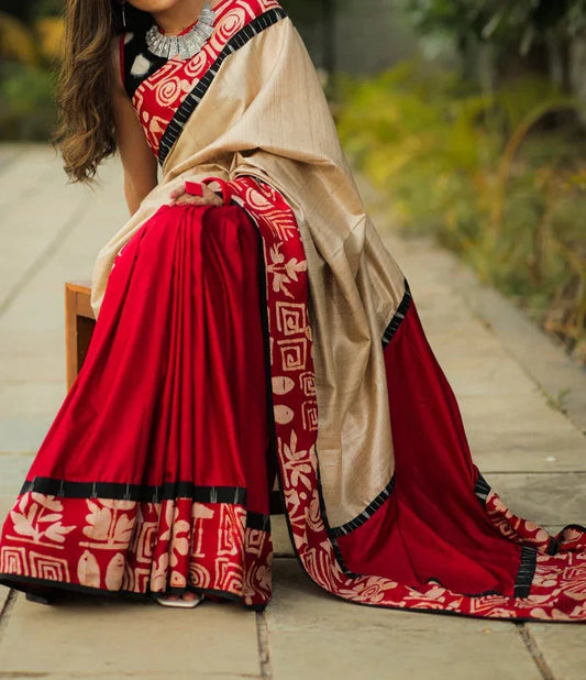 DASHING CREAM AND RED PRINTED MUSLIN COTTON SAREE