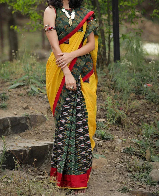 YELLOW AND GREEN PRINTED MUSLIN COTTON SAREE