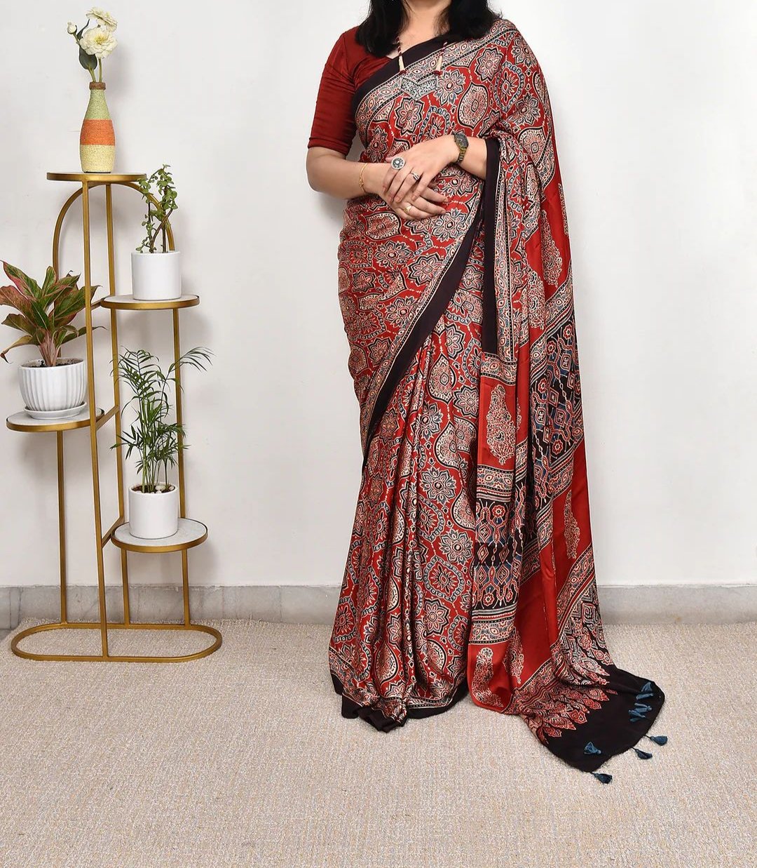 DHARVI RED COLOR AJRAK PRINTED MUSLIN COTTON SAREE