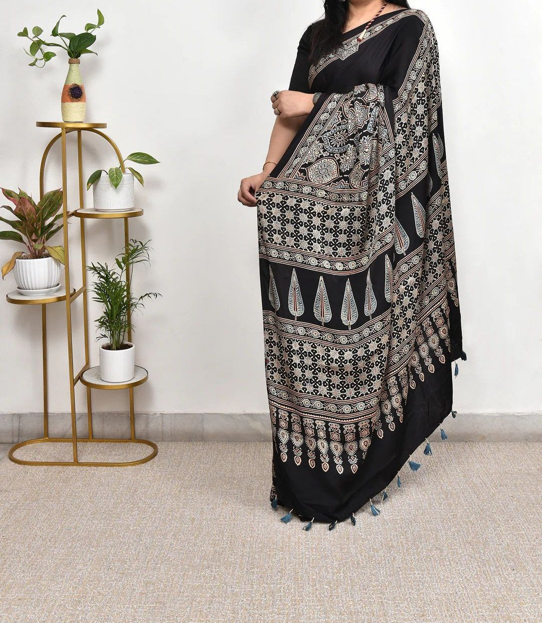 DHARVI BLACK COLOR AJRAK PRINTED MUSLIN COTTON SAREE