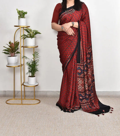 DHARVI MAROON COLOR AJRAK PRINTED MUSLIN COTTON SAREE