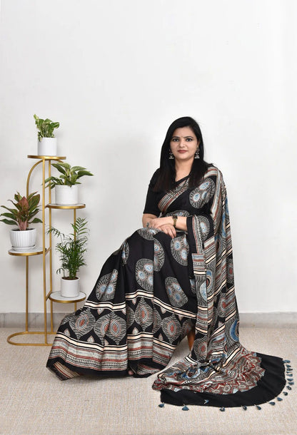 DHARVI BLACK COLOR AJRAK PRINTED MUSLIN COTTON SAREE