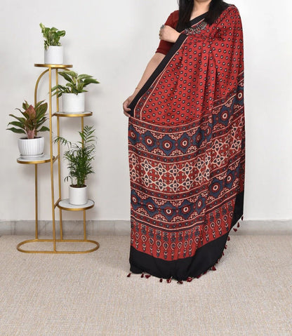 DHARVI MAROON COLOR AJRAK PRINTED MUSLIN COTTON SAREE