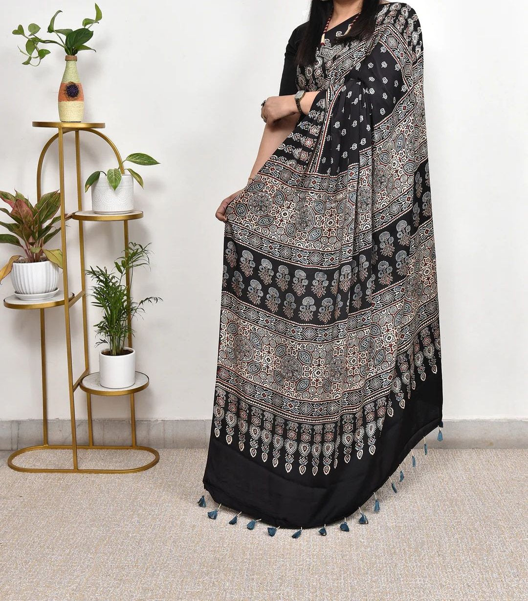 HYPNOTIC LOOK BLACK COLOR AJRAKH DIGITAL PRINTED MODAL SILK SAREE