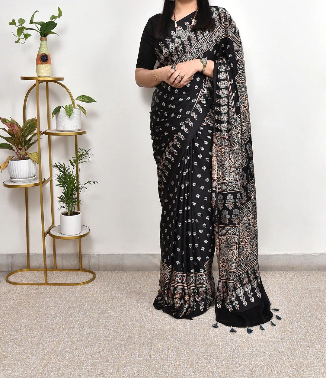 HYPNOTIC LOOK BLACK COLOR AJRAKH DIGITAL PRINTED MODAL SILK SAREE