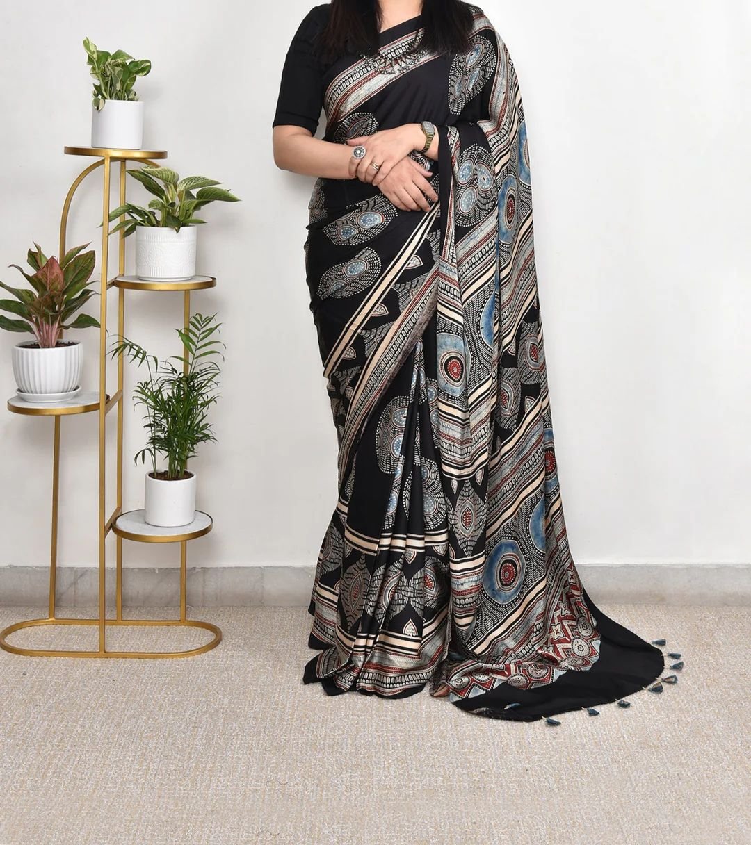 DHARVI BLACK COLOR AJRAK PRINTED MUSLIN COTTON SAREE