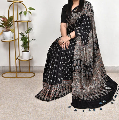 HYPNOTIC LOOK BLACK COLOR AJRAKH DIGITAL PRINTED MODAL SILK SAREE