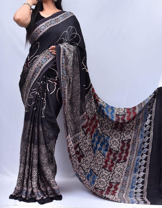 PUREST BLACK COLOR DIGITAL PRINTED MUSLIN COTTON SILK SAREE