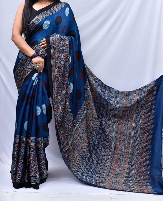 DESIGNER BLUE COLOR DIGITAL PRINTED MUSLIN COTTON SILK SAREE