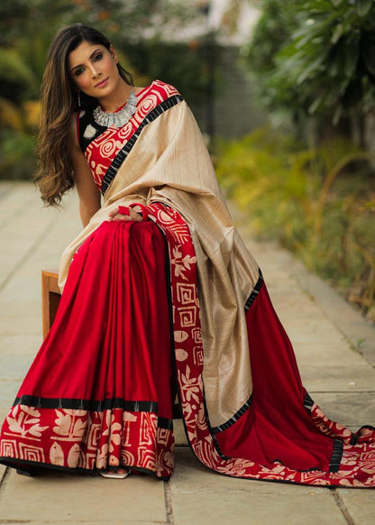 DASHING CREAM AND RED PRINTED MUSLIN COTTON SAREE