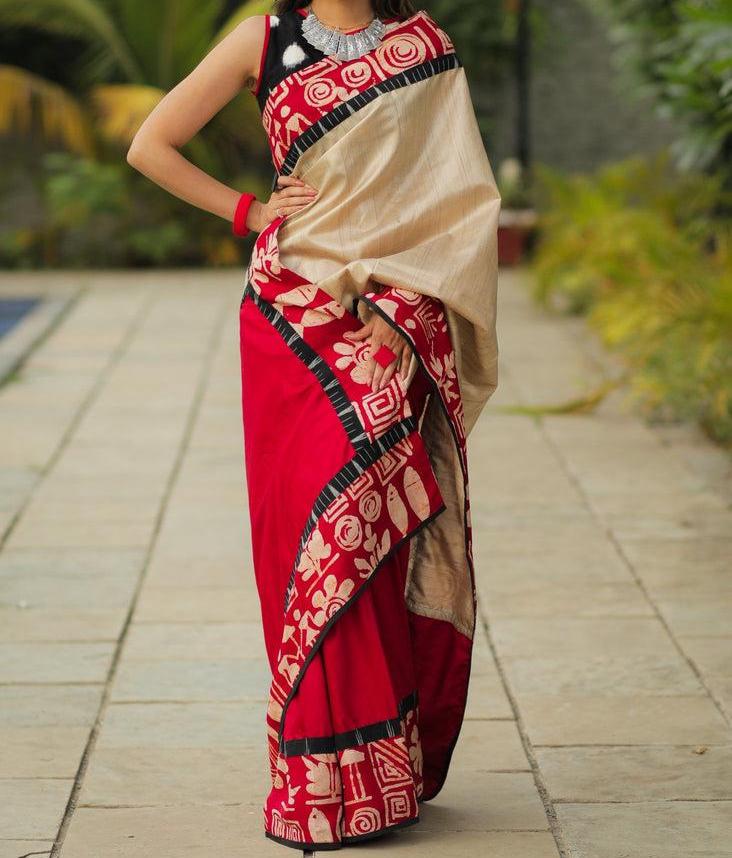 DASHING CREAM AND RED PRINTED MUSLIN COTTON SAREE