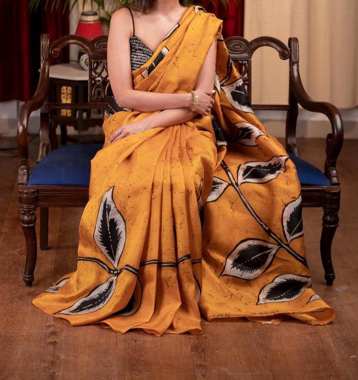 SWEET YELLOW PRINTED MUSLIN COTTON SAREE