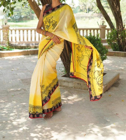 YELLOW PRINTED CHANDERI COTTON SAREE