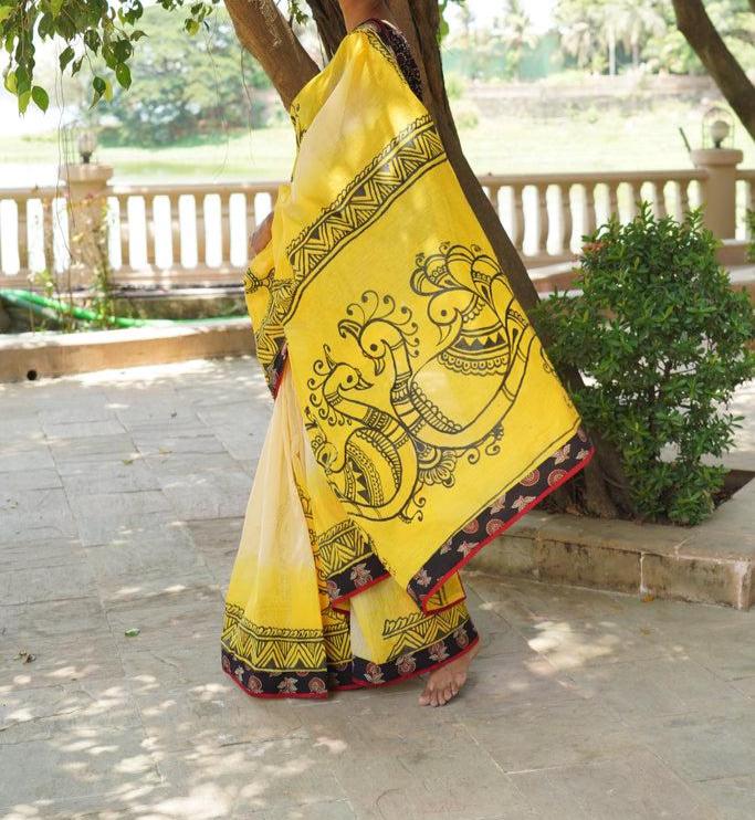 YELLOW PRINTED CHANDERI COTTON SAREE