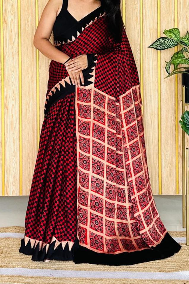 BUY RED AND BLACK AJRAKH PRINT SAREE