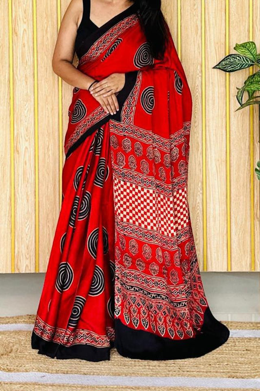 BEAUTIFUL CHERRY RED AJRAKH PRINT SAREE