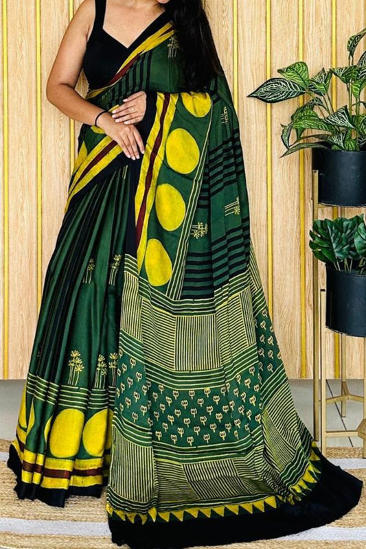 STYLISH DARK GREEN AJRAKH PRINT SAREE