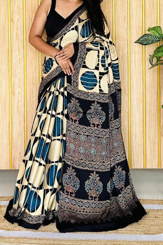 BEAUTIFUL CREAM AND BLACK AJRAKH PRINT SAREE