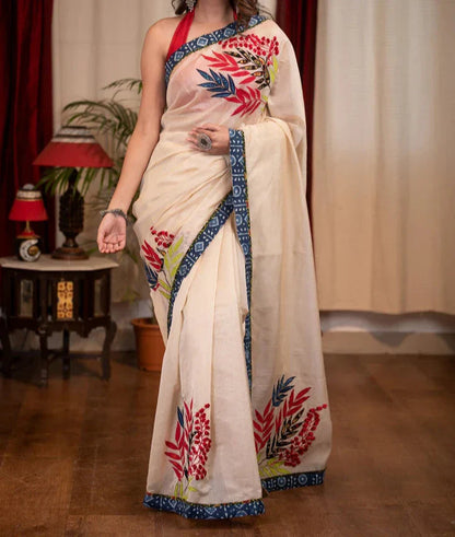 OFF WHITE PRINTED LILEN SAREE