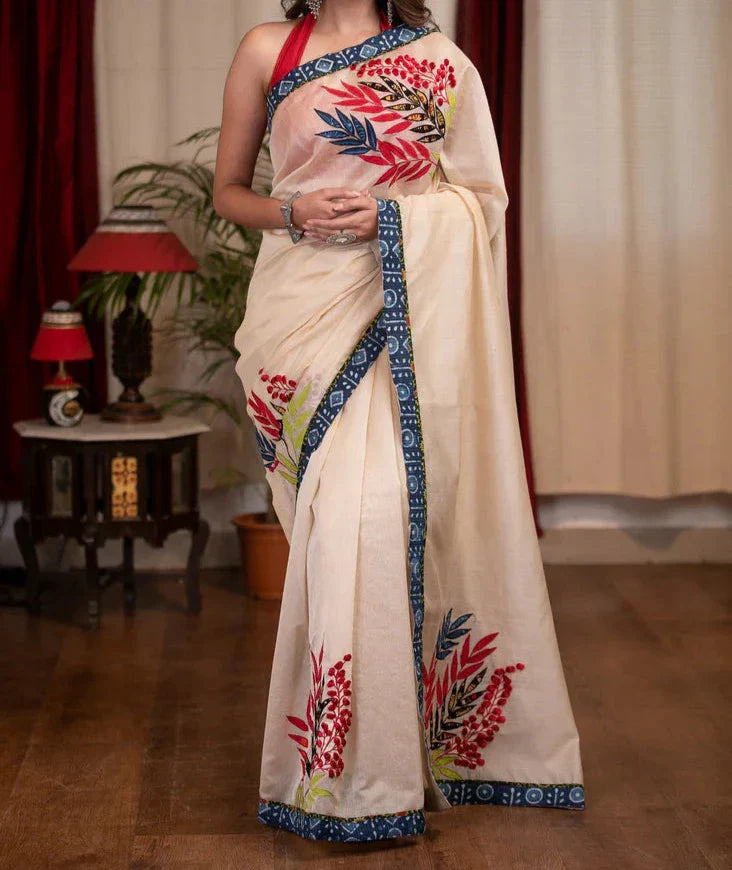 OFF WHITE PRINTED LILEN SAREE