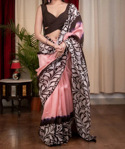 PINK AND BLACK PRINTED MUSLIN COTTON SAREE