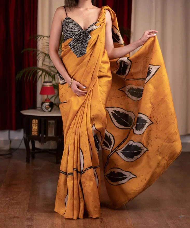 SWEET YELLOW PRINTED MUSLIN COTTON SAREE