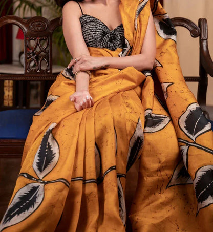 SWEET YELLOW PRINTED MUSLIN COTTON SAREE