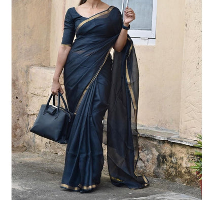 BLACK PLAIN DIGITAL PRINT KOTA DORIA SAREE