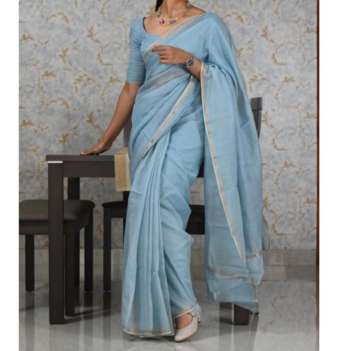 SKY BLUE PLAIN DIGITAL PRINT KOTA DORIA SAREE