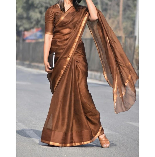 BROWN PLAIN DIGITAL PRINT KOTA DORIA SAREE