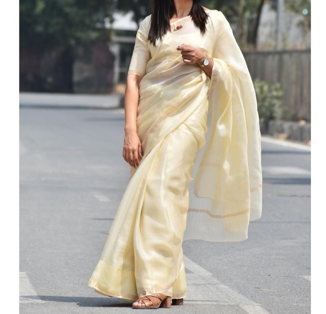 OFF WHITE PLAIN DIGITAL PRINT KOTA DORIA SAREE