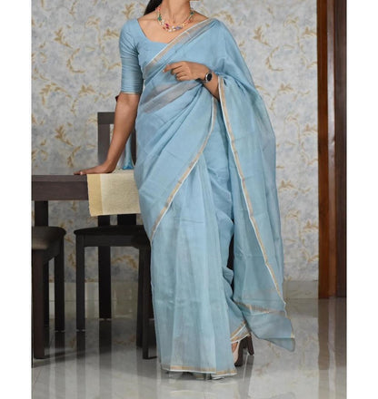 SKY BLUE PLAIN DIGITAL PRINT KOTA DORIA SAREE