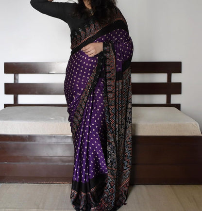 MAJESTIC PURPLE COLOR AJRAK PRINTED MUSLIN COTTON SAREE