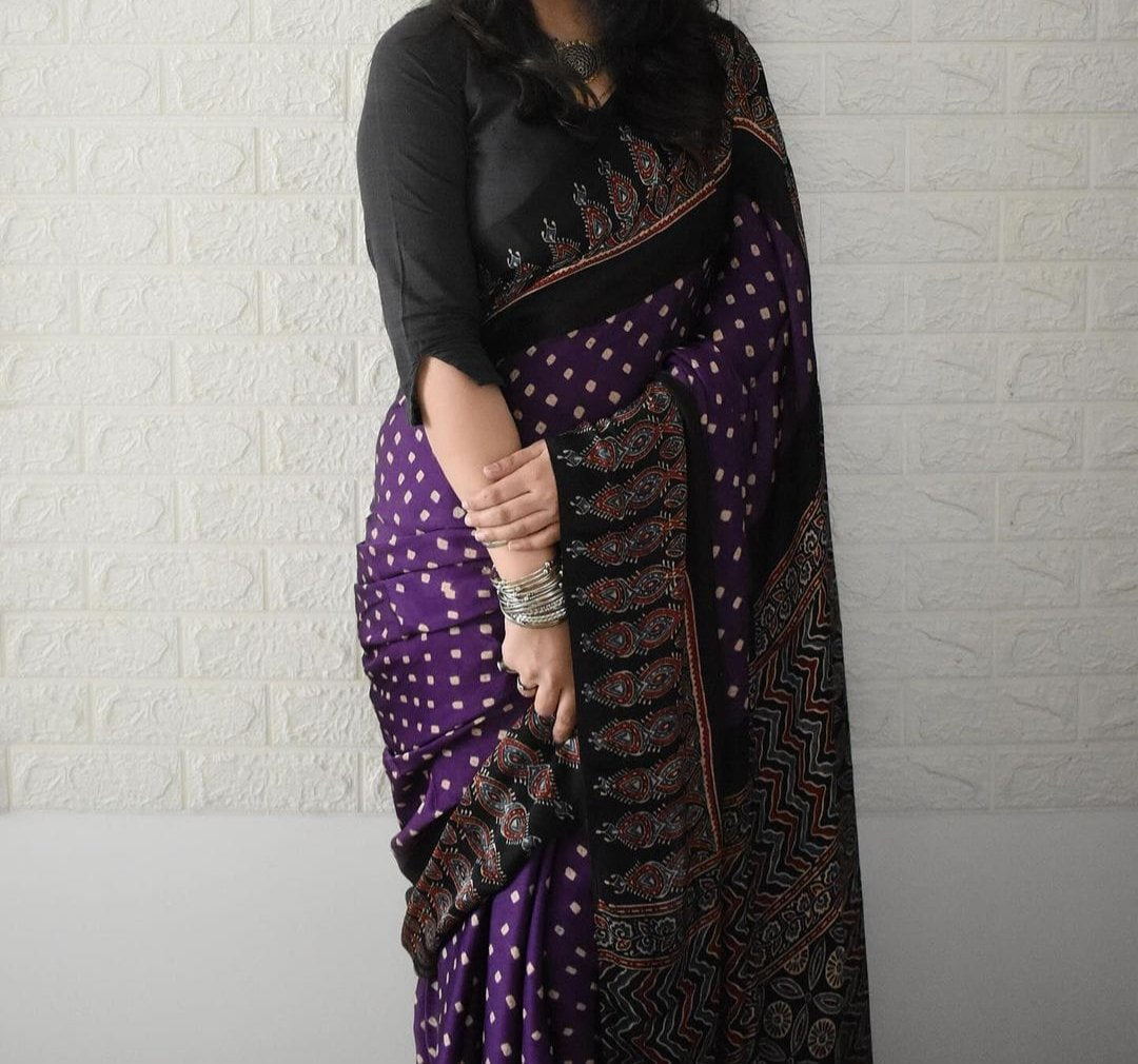 MAJESTIC PURPLE COLOR AJRAK PRINTED MUSLIN COTTON SAREE