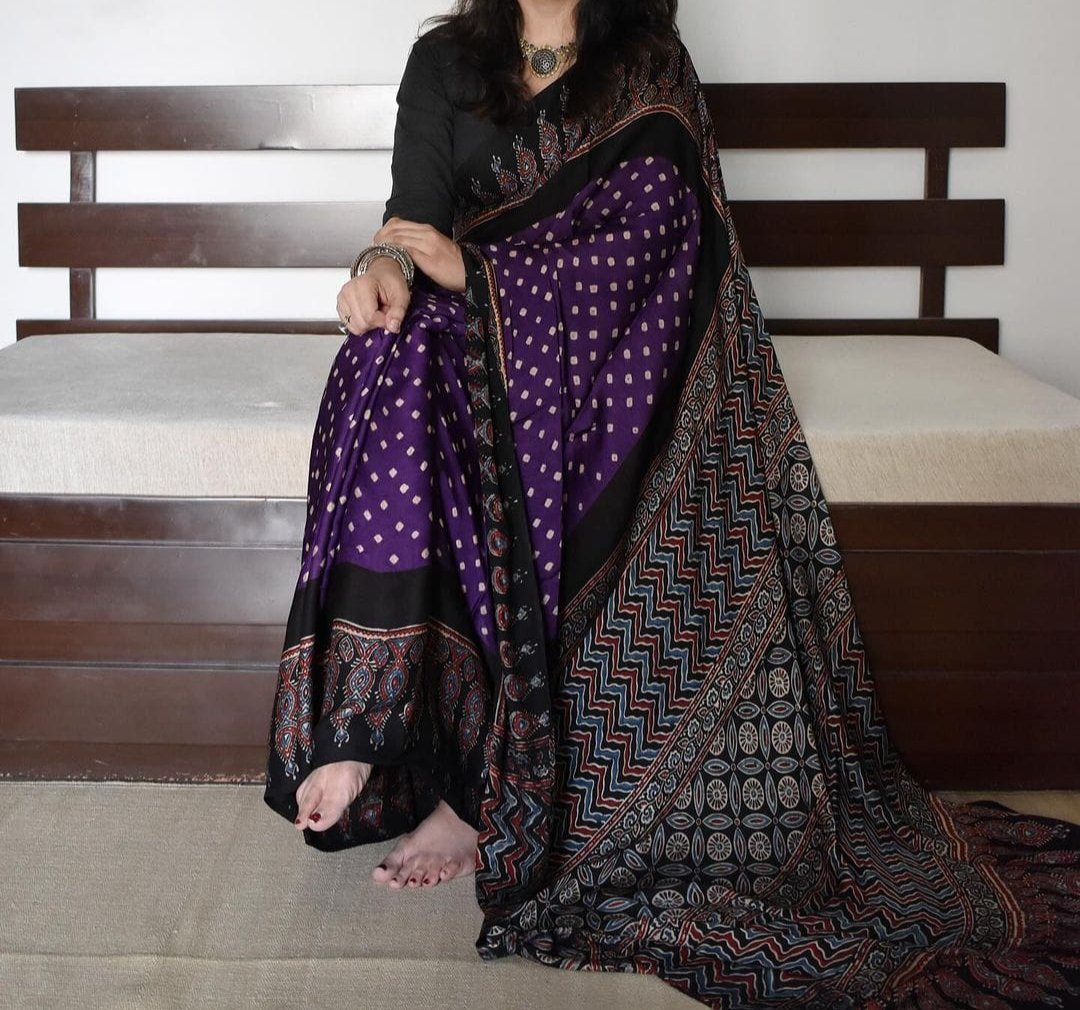 MAJESTIC PURPLE COLOR AJRAK PRINTED MUSLIN COTTON SAREE