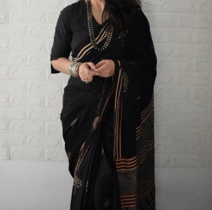 DARING BLACK COLOR AJRAK PRINTED MUSLIN COTTON SAREE