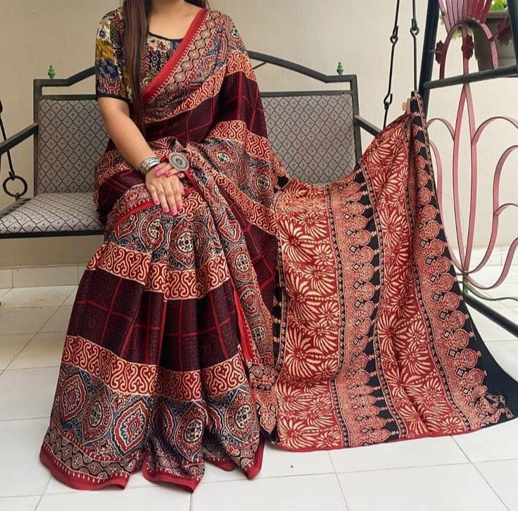 RED COLOR AJRAK DIGITA PRINTED MUSLIN COTTON SAREE