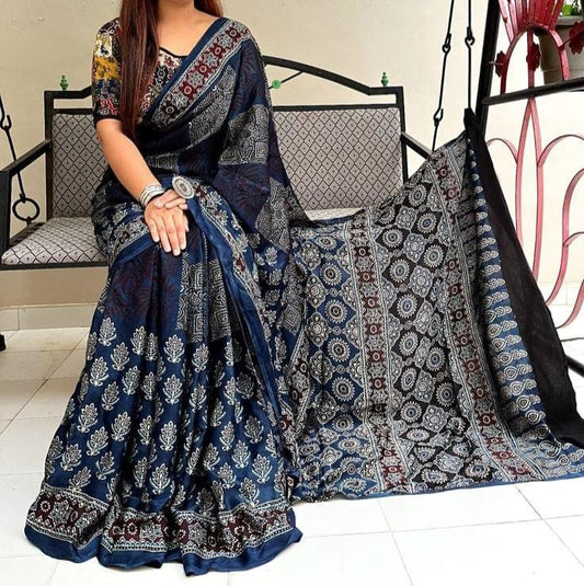 ELFIN NEVY BLUE COLOR AJRAK DIGITA PRINTED MUSLIN COTTON SAREE