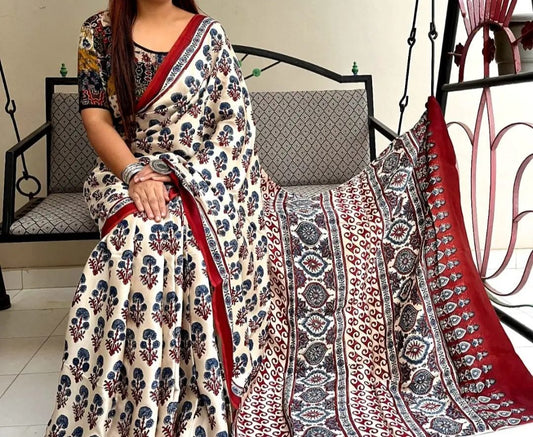 SUBTIE  CREAM COLOR AJRAK DIGITA PRINTED MUSLIN COTTON SAREE