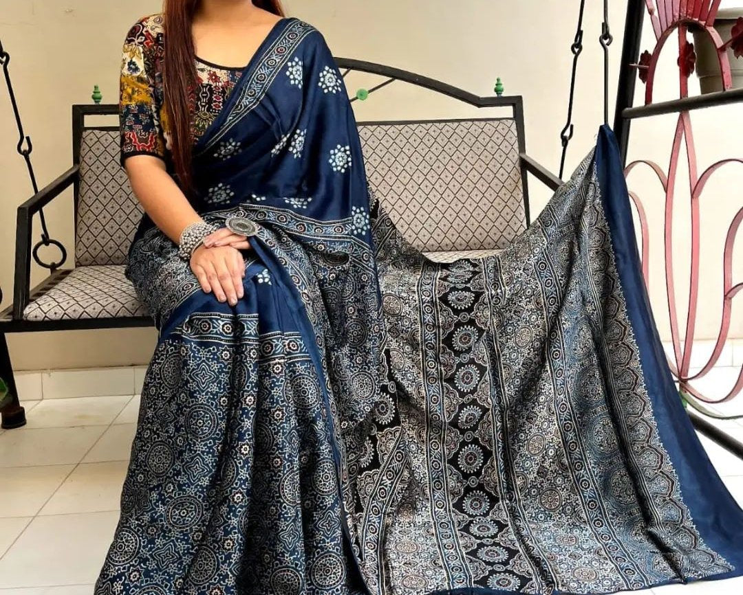 DRAPE NEVY BLUE COLOR AJRAK DIGITAL PRINTED MUSLIN COTTON SAREE