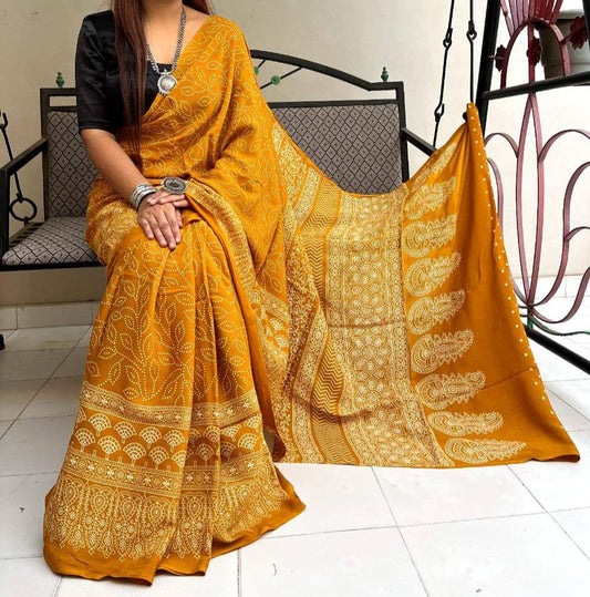 BRIGHT YELLOW COLOR AJRAK DIGITAL PRINTED MUSLIN COTTON SAREE