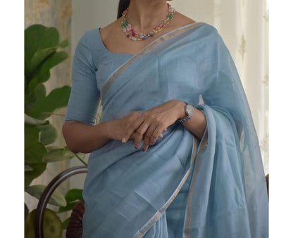 SKY BLUE PLAIN DIGITAL PRINT KOTA DORIA SAREE