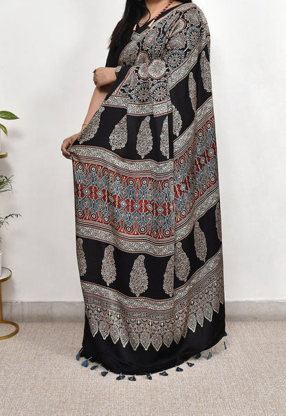 DHARVI BLACKCOLOR AJRAK PRINTED MUSLIN COTTON SAREE